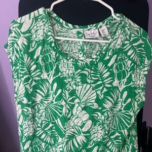 Nicole Miller Linen Green and White Tropical Print Tank Top